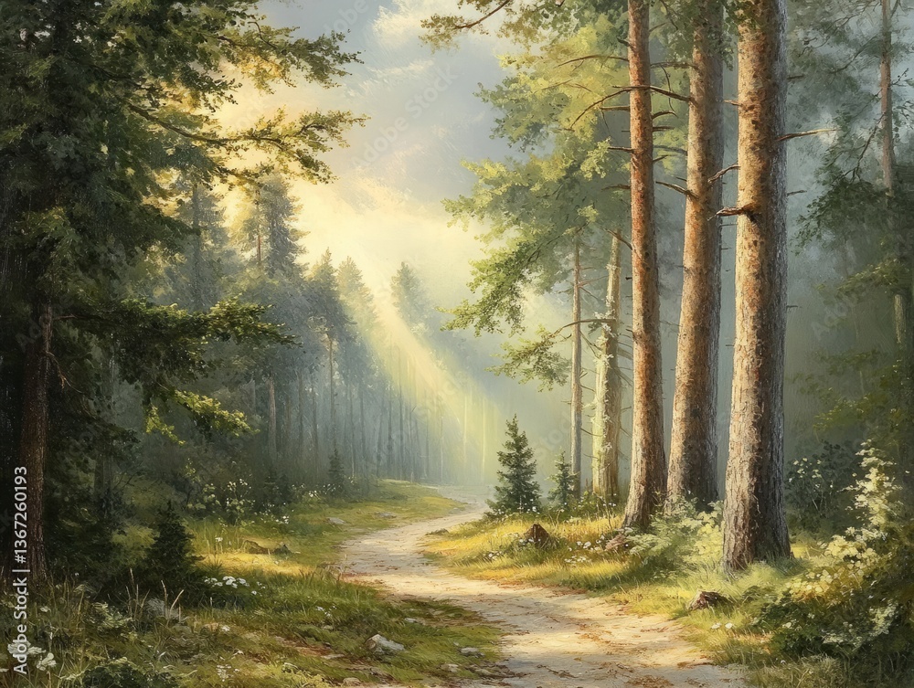 Obraz premium Sunlit Forest Path: A Serene Woodland Walk