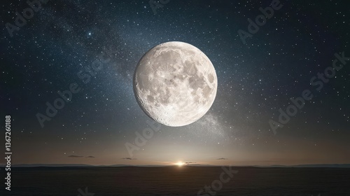 Stunning Full Moon Illuminating a Starry Night Sky Above a Calm Ocean Horizon