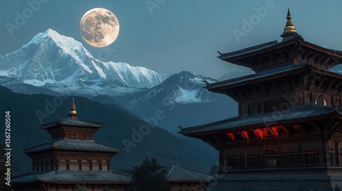 Snowy Mountain with Full Moon Casting Light Over Traditional Temple Complex at Dusk