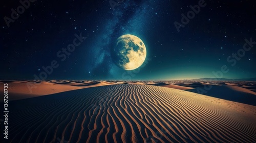 Stunning Night Landscape of a Desert Dune Under a Full Moon with Starry Sky