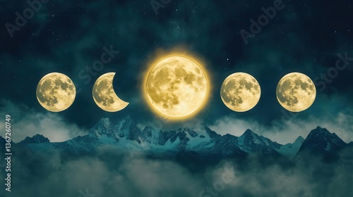Phases of the Moon Over Majestic Mountain Range on a Starry Night Sky