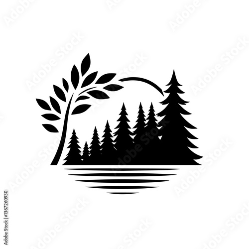 Monochrome Forest Silhouette: Serene Nature Emblem
