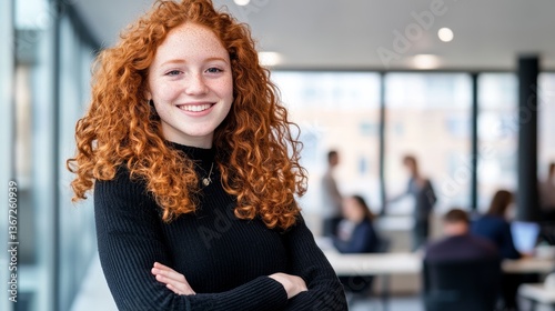 Confident Young Professional in a Creative Workspace, Cheerful Young Woman with Curly Red Hair Standing Confidently
