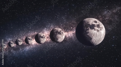 Sequence of Moon Phases Against a Starry Cosmic Background in Deep Space