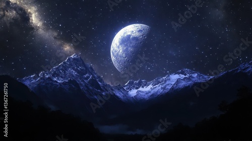Starlit Mountain Landscape at Night with a Bright Moon and Clear Galactic Skies