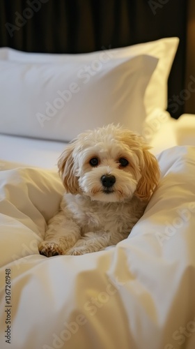 Cute puppy enjoying luxury hotel stay on a cozy bed with white pillows, perfect for pet lovers relaxing on vacation