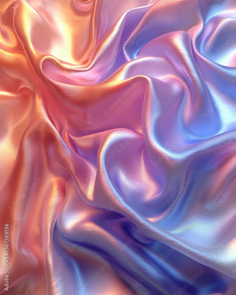 Obraz premium A 3D render unveils an abstract fashion background, where iridescent pink and blue drapery gracefully floats and waves against the backdrop of a pristine white canvas. A silk textile, infused 