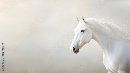 Breathtaking oil painting artwork of a majestic white horse with a flowing mane evoking a sense of regal elegance and noble power in a serene peaceful atmosphere
