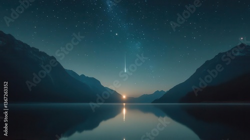 Starry Night Sky with Comet and Reflection Over Serene Lake Surrounded by Majestic Mountains