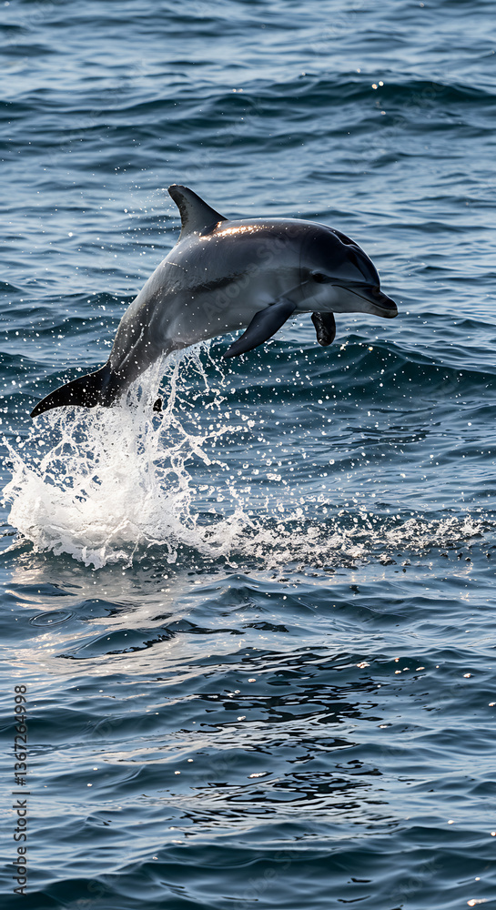 Naklejka premium Dolphin Leaping Out of the Ocean Water with Splash on Sunny Day