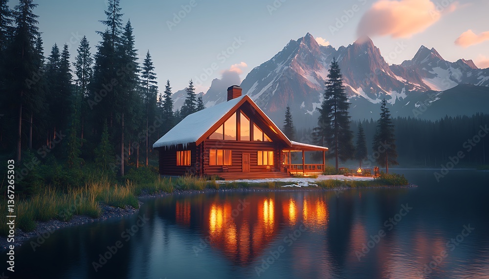 Fototapeta premium Lakeside cabin at sunset, snow-capped mountains.