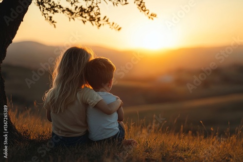 A big sister and young brother sitting near a tree on a hill and hugging each other while enjoying a sunset