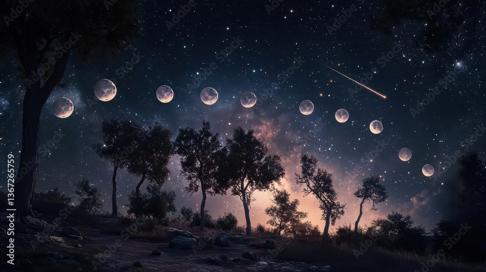 Fototapeta premium Starlit Night Sky Over Tranquil Landscape with Trees and Cosmic Wonders