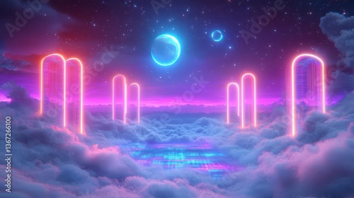 Surreal Dreamlike Landscape with Neon-Illuminated Structures Above Colorful Clouds and Stars