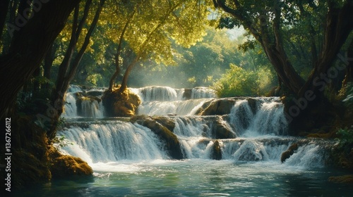 Picturesque waterfall cascading through the lush green forest canopy landscape view