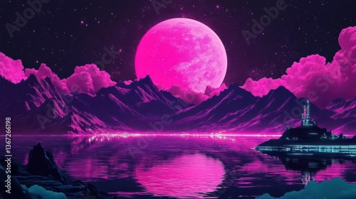 Surreal Landscape With Luminous Pink Full Moon Over Tranquil Waters And Majestic Mountains