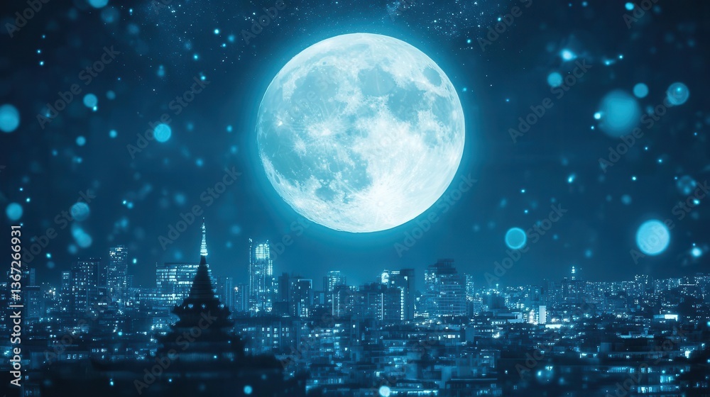 Fototapeta premium Stunning Full Moon Over a Vibrant Cityscape with Blue Hues and Twinkling Lights