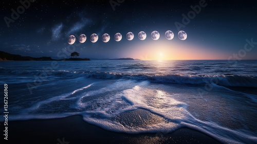 Stunning Night Seascape Featuring Moon Phases Over Calm Ocean Waves at Sunset