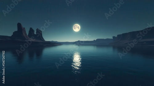 Tranquil Moonlit Landscape with Reflections on Water Surrounded by Silhouetted Rock Formations