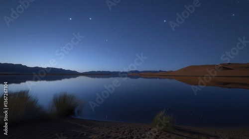 Tranquil Desert Night Landscape with Stars Reflecting on Calm Water at Dusk