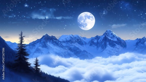 Stunning Night Landscape with Full Moon Over Snow-Capped Mountains and Cloud Sea During Twilight