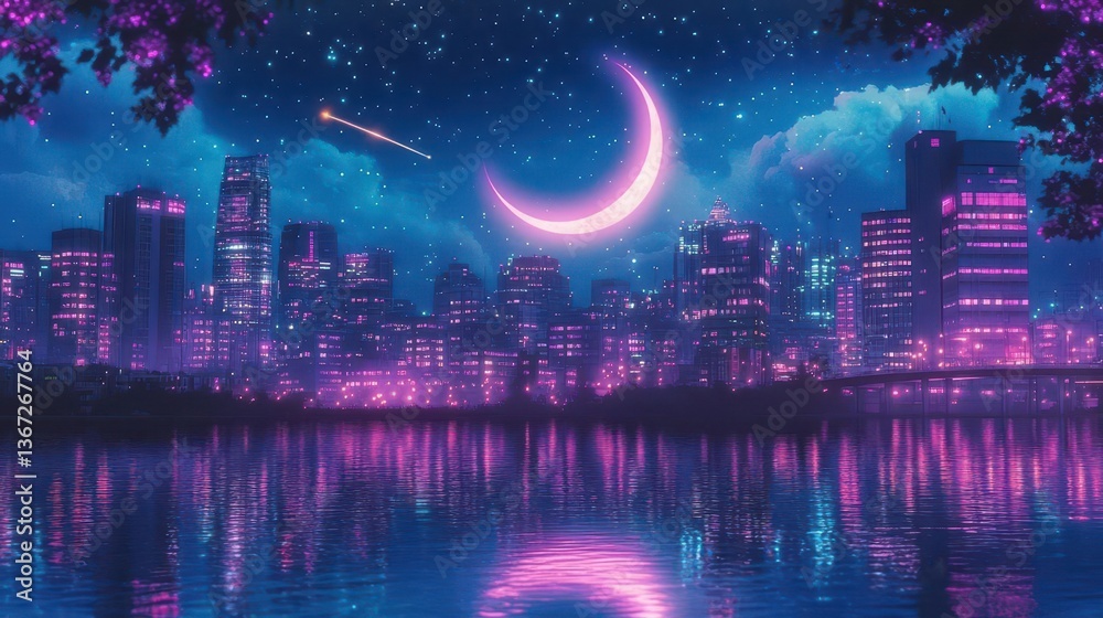 Obraz premium Vibrant City Skyline Under Starry Night Sky with Crescent Moon and Reflections on Water