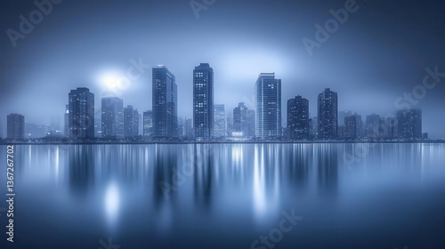 Tranquil Urban City Skyline at Night with Fog and Reflections over Water
