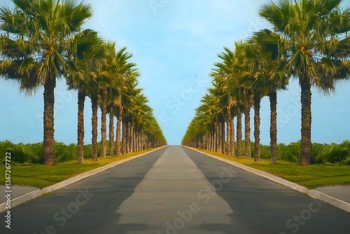 Summer tropical background of road with palms and day time. A palm trees in long perspective. empty lined roadway. sunny hot landscape walkway with tree trunks by side. nature transportation backdrop