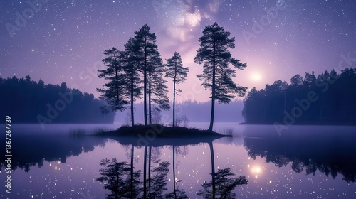 Starry Night Sky with Reflection of Silhouetted Trees on Serene Water in a Tranquil Landscape