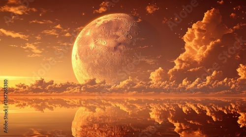 Vibrant Moonlit Sunset Over Tranquil Water with Dramatic Clouds and Golden Reflections