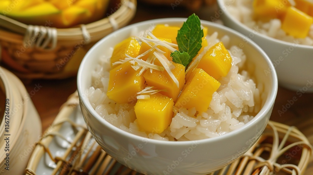 An inviting and visually appealing plate of mango sticky rice is presented. The plate features a generous portion of soft, glutinous rice that has been cooked in coconut milk, resulting in a rich and An inviting and visually appealing plate of mango sticky rice is presented. The plate features a generous portion of soft, glutinous rice that has been cooked in coconut milk, resulting in a rich and