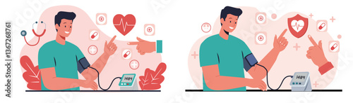 Man Measuring Blood Pressure with Medical Checkup Icons