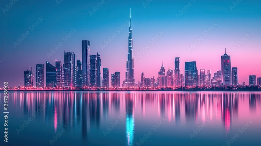 Fototapeta premium Vibrant City Skyline Reflection at Dusk with Illuminated Modern Architecture and Water