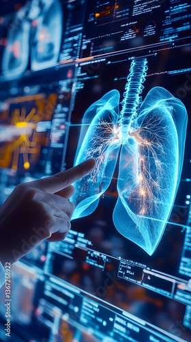 Digital 3d Lungs Anatomy With Hand Pointing At Glowing Internal