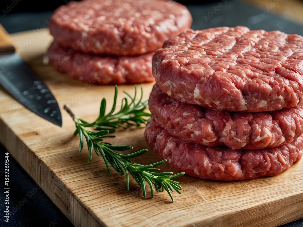 Raw handmade minced beef burgers patties on wooden table. Ai Generative. Raw handmade minced beef burgers patties on wooden table. Ai Generative.