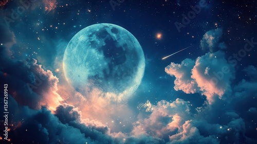 Vibrant Moon Illuminating Serene Night Sky Filled With Stars And Soft Clouds