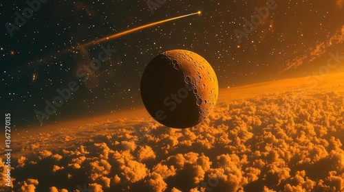 Surreal Scene of a Planet Surrounded by Colorful Clouds and Stars in an Orange Cosmic Atmosphere