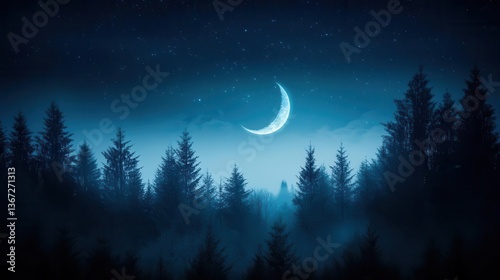 Tranquil Forest Under a Starry Sky with a Crescent Moon Illuminating the Night