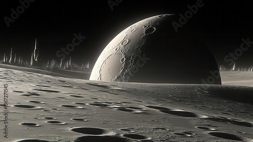 Surreal View of a Lunar Surface with a Distant Planet against a Dark Cosmic Background