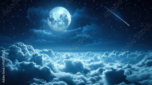 Stunning Night Sky with Bright Full Moon and Shooting Star Over Serene Cloudscape