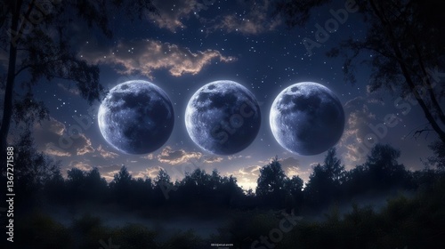 Tranquil Night Landscape Featuring Three Celestial Moons Shining Over a Forest at Dusk