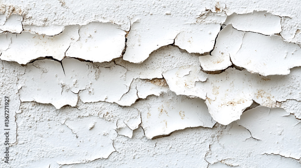 Close up of white paint peeling off of a wall with cracks and rough texture in a horizontal composition. Close up of white paint peeling off of a wall with cracks and rough texture in a horizontal composition.
