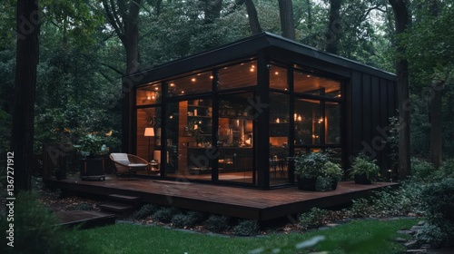 Modern black cabin illuminated by string lights nestled within a lush green forest offering a cozy atmosphere with a deck and surrounding trees