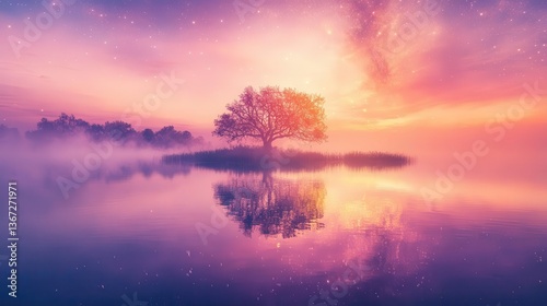Vibrant Sunset Over Tranquil Lake with Tree Reflection on an Isolated Island