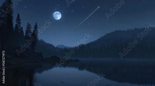 Tranquil Night Landscape with Full Moon Over Lake and Starry Sky in a Mountainous Wilderness
