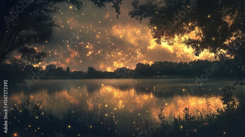Twilight Sunset Over Tranquil Lake With Reflections and Sparkles in the Evening Sky