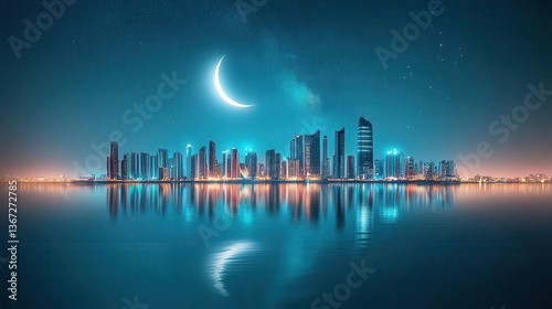 Stunning Nighttime City Skyline with Moon and Stars Reflecting on Calm Waters