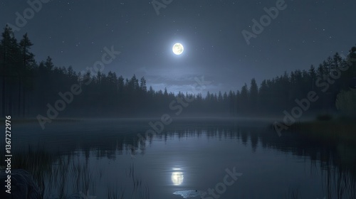 Tranquil Night Landscape Featuring Full Moon Reflected on Calm Water Surrounded by Forest