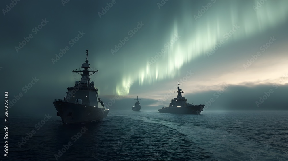 Naklejka premium Powerful warship leads a supply fleet across a serene ocean under a breathtaking sky filled with the colorful dramatic display of the northern lights The scene conveys a sense of strength protection