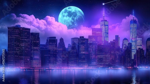 Vibrant Urban Skyline at Night with Neon Lights and Full Moon Reflection over Water